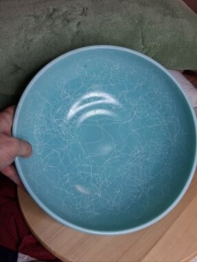 Vintage Hazel Atlas Drizzle Spaghetti String Aqua Blue Mixing Bowl Glossy Finish